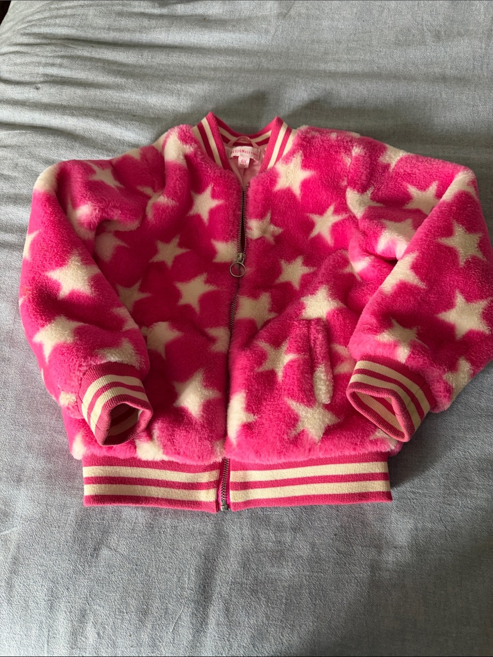 Design History Hot Pink and White Fuzzy Bomber Jacket